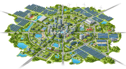 Fototapeta premium Eco-friendly futuristic city with solar panels, wind turbines, green buildings, and water features.