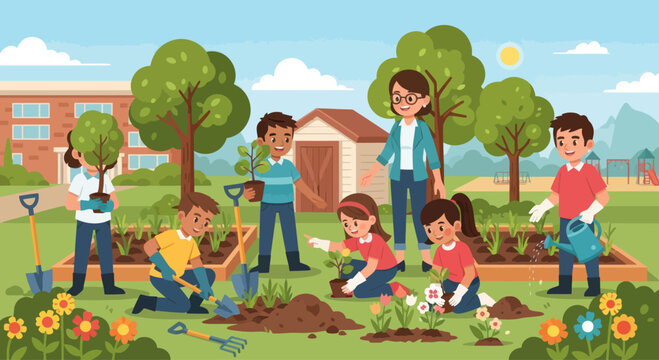 Children Planting Flowers and Trees in School Garden with Teacher