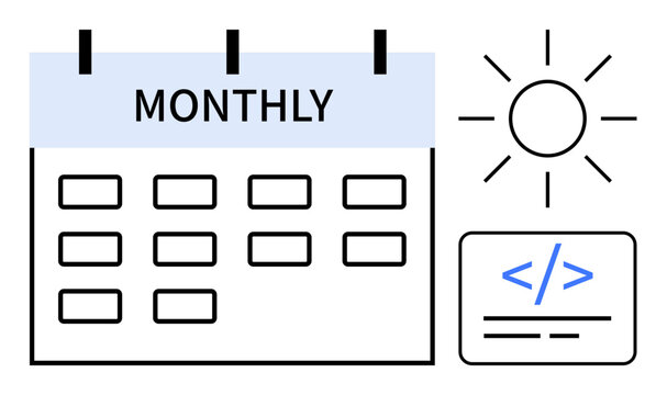 Scheduling, planning, programming, productivity, time management, coding. A monthly calendar with sun and code symbol. Scheduling and planning concept for improved productivity