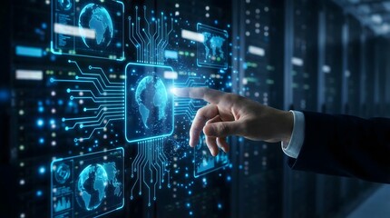 Fototapeta premium Businessman hand touching a glowing digital earth icon on a complex server room interface screen