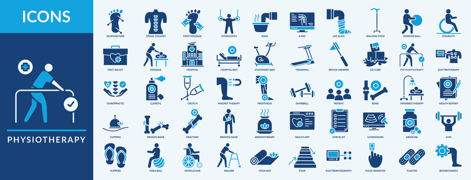 Physiotherapy - Icon Collection. Thin Flat Blue Set contains such Icons as first aid kit, acupuncture, reflex hammer and more. Simple web icons set