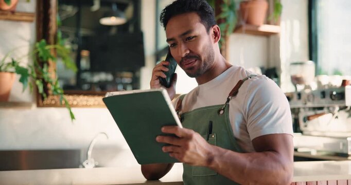 Phone call, chat or owner in cafe with tablet, inventory management or negotiation with bistro supplier. Laugh, networking or Asian man with tech, stock checklist or vendor coordination in restaurant