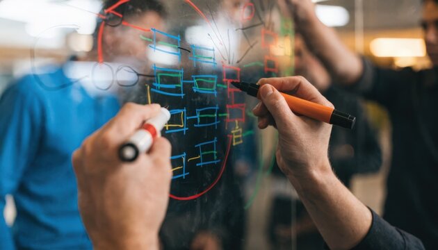 Focused hands drawing receivables asset pools on transparent wall capturing the intricate structuring process with softfocus participants in background.