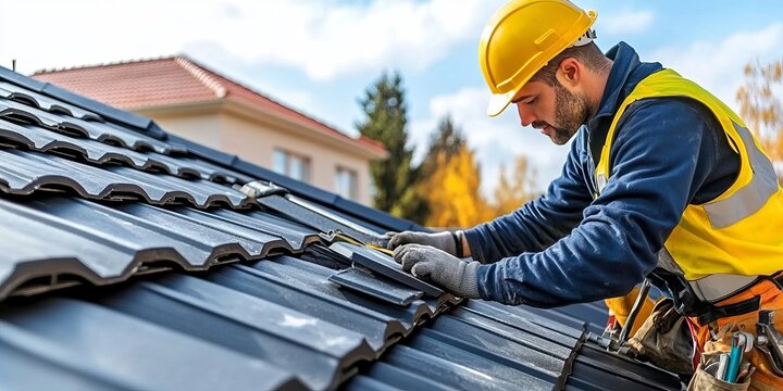 Dedicated professional roofing worker carefully sets tiles on a sloped roof, ensuring safety first.