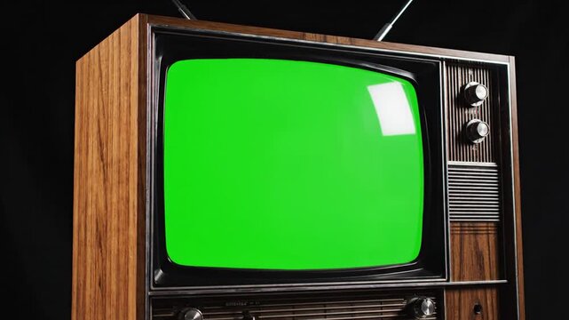 Retro wooden television set with a green screen, perfect for video editing and content creation