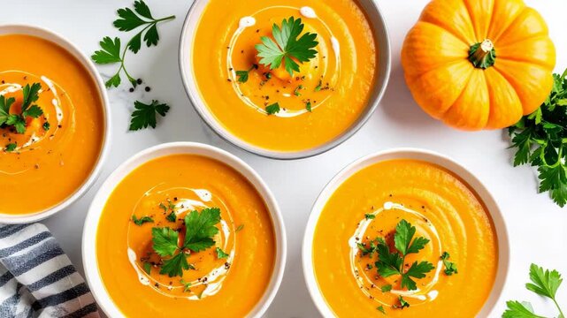 Top view of four bowls of creamy pumpkin soup garnished with parsley and cream on a white marble table