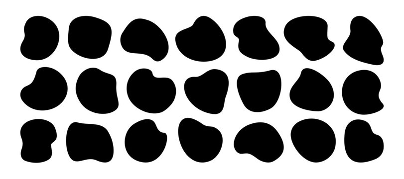 Abstract organic blob shapes. round irregular liquid forms. Vector set of fluid curves, splash drops, bubbles, and amoeba spots. Black modern simple background elements . Smooth wavy flow logo bg