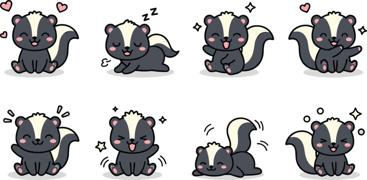 Cute skunk cartoon vector set with kawaii expressions, adorable animal poses and playful woodland character illustration collection