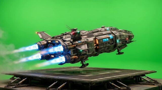 Futuristic spaceship model with blue jet exhaust hovering over a landing platform in front of a green screen studio