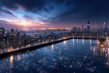 Fototapeta premium Rooftop Terrace Overlooking City Skyline at Sunset