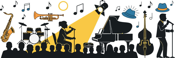 Jazz ensemble performing live with vocalist, pianist, drummer, saxophonist, trumpeter, and upright bass player on stage with audience © Chico Store