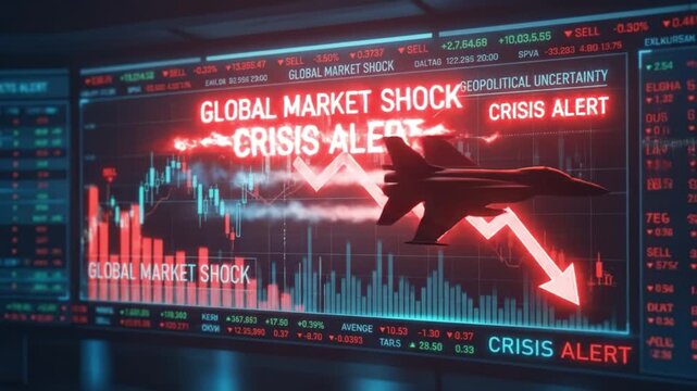 Global market shock crisis alert geopolitical uncertainty stock market financial graph economic downturn red arrow fighter jet silhouette data visualization trading screen financial crisis market