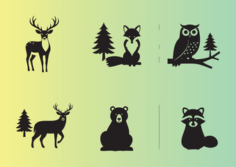 Obraz premium Cute forest animals and trees silhouette illustration set