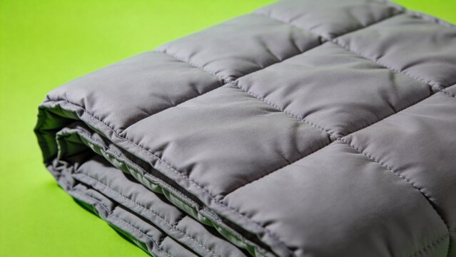 Weighted blanket for anxiety relief, folded grey heavy gravity blanket on lime green background, therapeutic sensory bedding for deep sleep