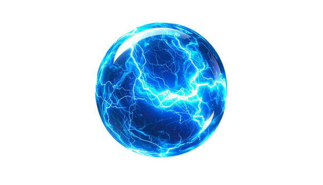 Glowing blue plasma ball with lightning inside on black background; energy orb