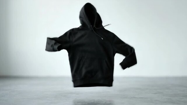 Conceptual levitating black hooded sweatshirt in a minimalist white studio background
