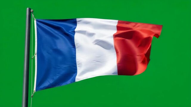 National flag of France blowing in the wind on a flagpole with a solid green screen background for chroma keying