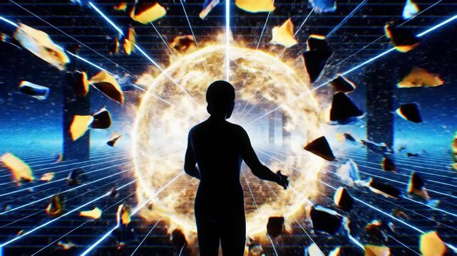 Glowing human silhouette breaks digital barrier with powerful energy sphere