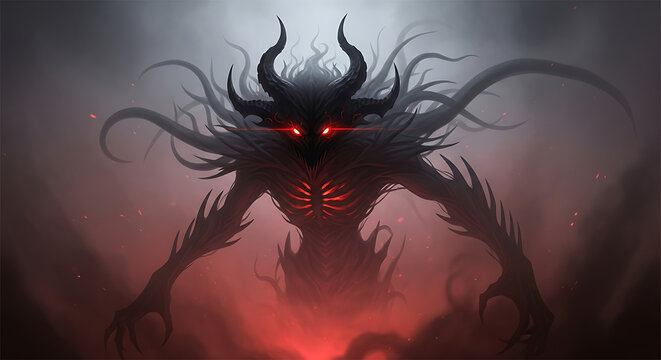 Menacing demonic entity with glowing infernal eyes emerging from thick eerie fog and shadowy darkness as a sinister supernatural creature of hellish nightmares and underworld folklore.