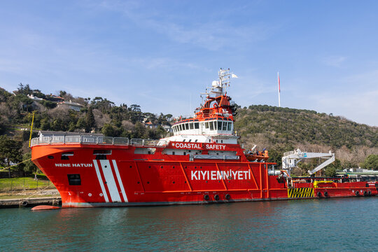Coastal safety boat docked on Bosphorus, Istanbul, Turkey. 