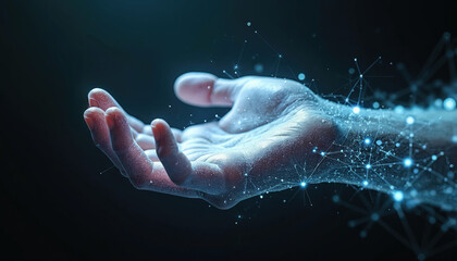 Fototapeta premium Human hand merges with digital network lines glowing bright blue against dark backdrop. Connection conceptual art. Futuristic technology abstract design. Digital data flow.