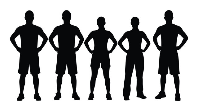 Five men standing in a row with hands on hips