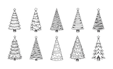 Obraz premium Collection of ten hand drawn Christmas trees with stars holiday festive