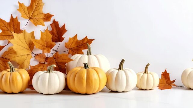 White and yellow mini pumpkins with orange maple leaves on a clean white background for autumn season decoration