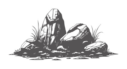 Stylized of weathered rocks and grass in dark gray stone nature © Salam