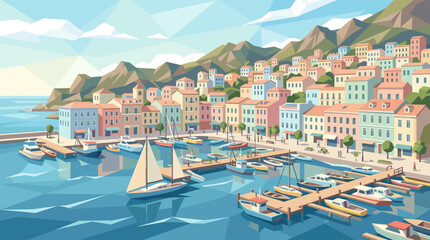 Fototapeta premium A scenic, low-poly vector illustration of a picturesque seaside town with colorful houses and boats docked in a tranquil harbor on a sunny day.