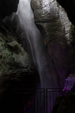 waterfall view from below in narrow canyon cascate del varone natural light gorge trentino alto adige italy