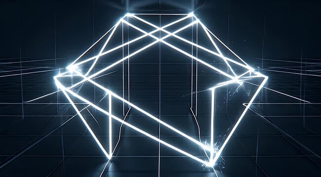 Abstract dark blue grid tunnel with glowing lines creating infinite futuristic geometric space