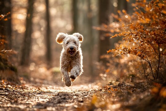 A Pumi dog runs joyfully through a sunlit autumn forest trail