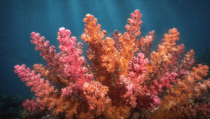 Fototapeta premium Vibrant Underwater Coral Reef with Orange and Pink Soft Coral Against Blue