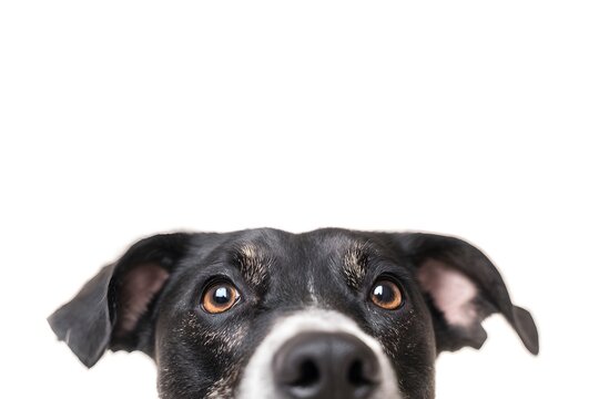 Close up of a Borador dog looking up attentively with curious eyes against a white background