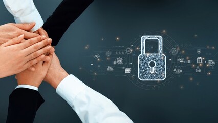 A diverse team unites hands together against a digital backdrop symbolizing security and trust in modern business and technology environments. Raster © InfiniteFlow