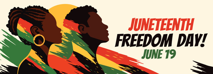 Juneteenth, Freedom Day, Independence Day for African Americans. Portrait, silhouette of man and woman against the background of a sun, palette symbol of liberation, equality, empowerment, unity. © AyaLinesDesign