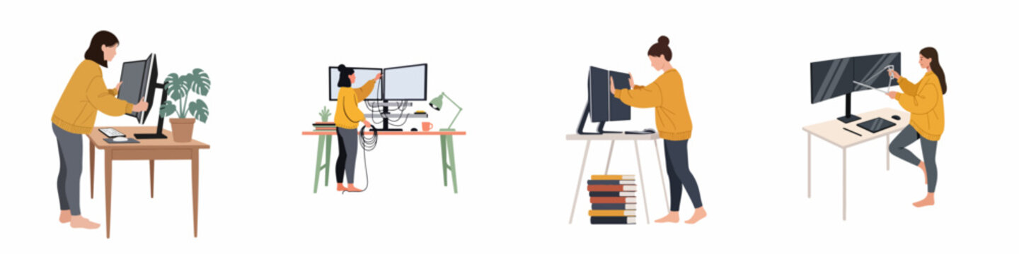 Flat vector illustration set of a woman setting up, organizing cables, and cleaning her home office workstation with multiple monitors.