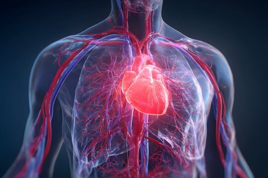 Anatomy of the human chest showing the heart and blood vessels, illustrating a heart attack