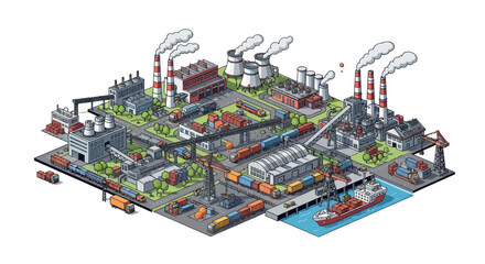 Obraz premium Isometric industrial complex with factories, trains, trucks, and a ship at the dock.