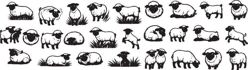 Fluffy Sheep Silhouettes and Lamb Vector Character Set. © Murad