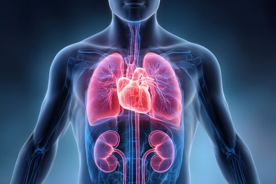 Human chest organs including heart lungs and kidneys showing a representation of a heart attack