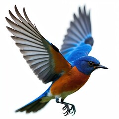 Fototapeta premium Bluebird in flight, wings spread wide against a white background. Bright orange chest and vibrant blue plumage are visible. Bird shows detailed feathers and alert eyes.