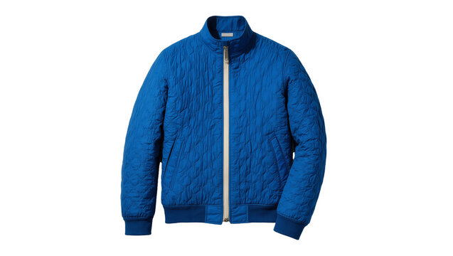 Isolated modern blue quilted bomber jacket with a high collar and light zipper closure