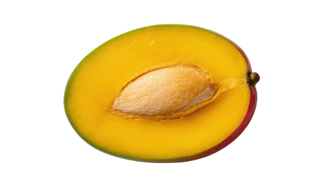Isolated ripe mango half revealing its vibrant yellow-orange flesh with a large seed