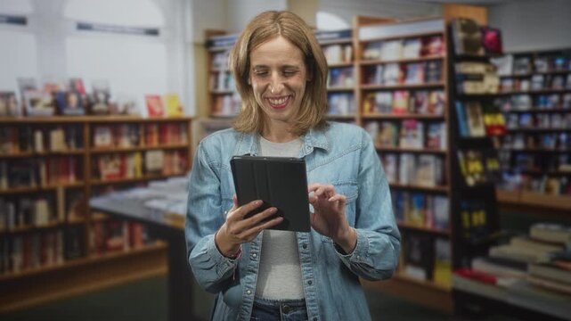 Woman tapping tablet with hands while smiling and browsing inside bookstore building; leisure reading contentment.