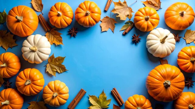 Orange and white pumpkins with autumn leaves and cinnamon sticks on a blue background with central copy space