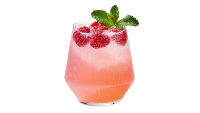 Isolated refreshing pink sparkling raspberry and mint cocktail in a modern ribbed glass