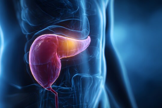 Anatomical illustration of the human pancreas showing potential signs of disease that may lead to heart attack