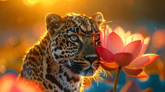 Leopard gently touching a pink lotus flower with warm sunlight in the background